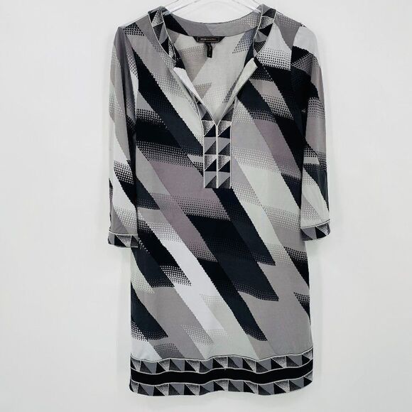 BCBG Maxazria Size Small Black & Gray Abstract Art Deco V Neck Mini Shift Dress - Picture 1 of 6